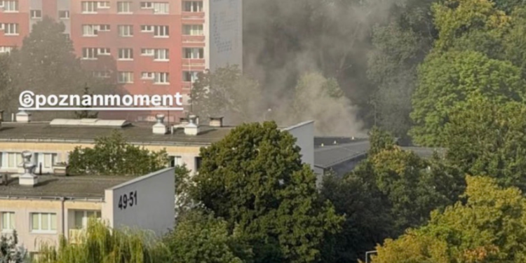 Straż pożarna podczas działań po pożarze na pływalni na osiedlu Piastowskim w Poznaniu.