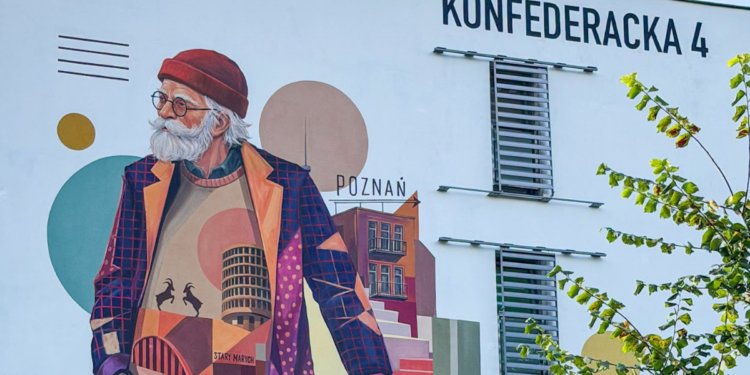 Nowy mural ze Starym Marychem na ścianie budynku przy ulicy Konfederackiej na poznańskim Grunwaldzie, wykonany w ramach Festiwalu Murali 2026.